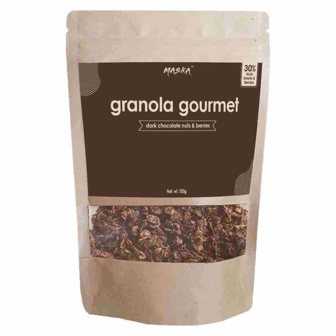 Maska Granola Gourmet – 30% Almond, Seeds, Cranberries, Dark Chocolate, Breakfast Snack, High Fibre, Antioxident Seeds, 100Gms