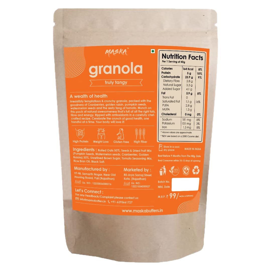 Maska Granola Tomatina – 30% Almond, Seeds, Cranberries, Truly Tangy, High Fibre, Antioxident Seeds, 100Gms Each