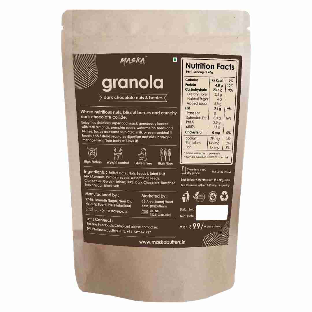 Maska Granola Gourmet – 30% Almond, Seeds, Cranberries, Dark Chocolate, Breakfast Snack, High Fibre, Antioxident Seeds, 100Gms