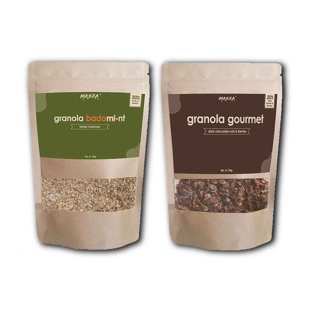 Maska Granola Gourmet & Granola Badami-nt Combo – 30% Almond, Seeds, Cranberries, Dark Chocolate, Breakfast Snack, High Fibre, Antioxident Seeds, Khaas Mukhwas, 100Gms Each