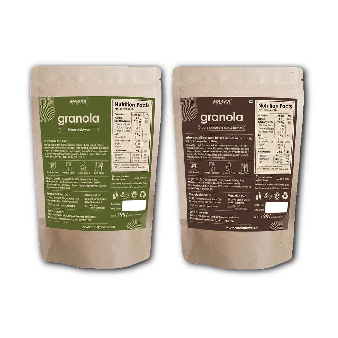 Maska Granola Gourmet & Granola Badami-nt Combo – 30% Almond, Seeds, Cranberries, Dark Chocolate, Breakfast Snack, High Fibre, Antioxident Seeds, Khaas Mukhwas, 100Gms Each