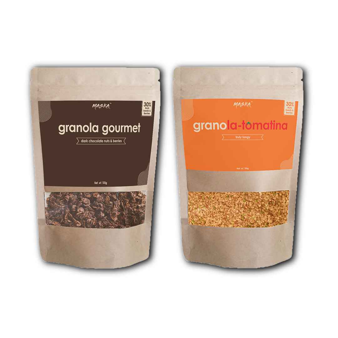Maska Granola Gourmet & Granola Tomatina Combo – 30% Almond, Seeds, Cranberries, Dark Chocolate, Breakfast Snack, High Fibre, Antioxident Seeds, Truly Tangy, 100Gms Each