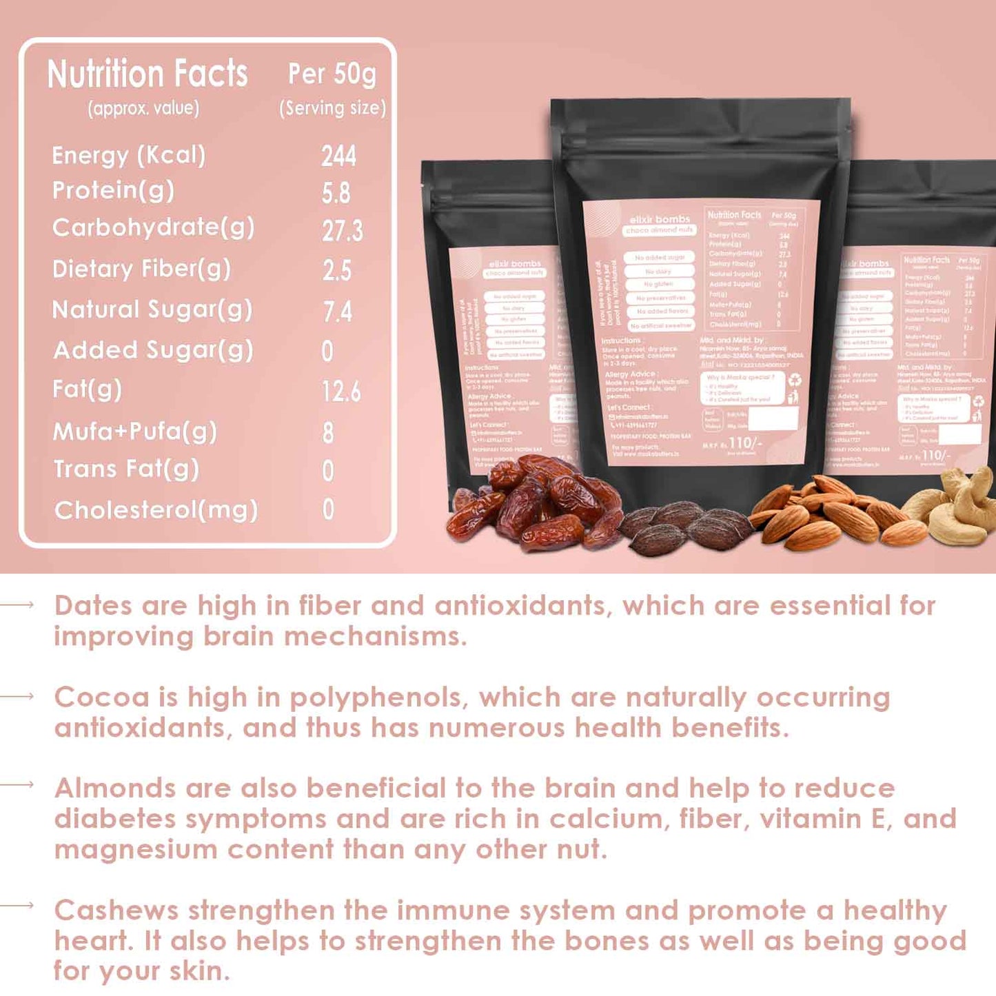 Elixir bombs; choco almond nuts Pack of 10 Bars