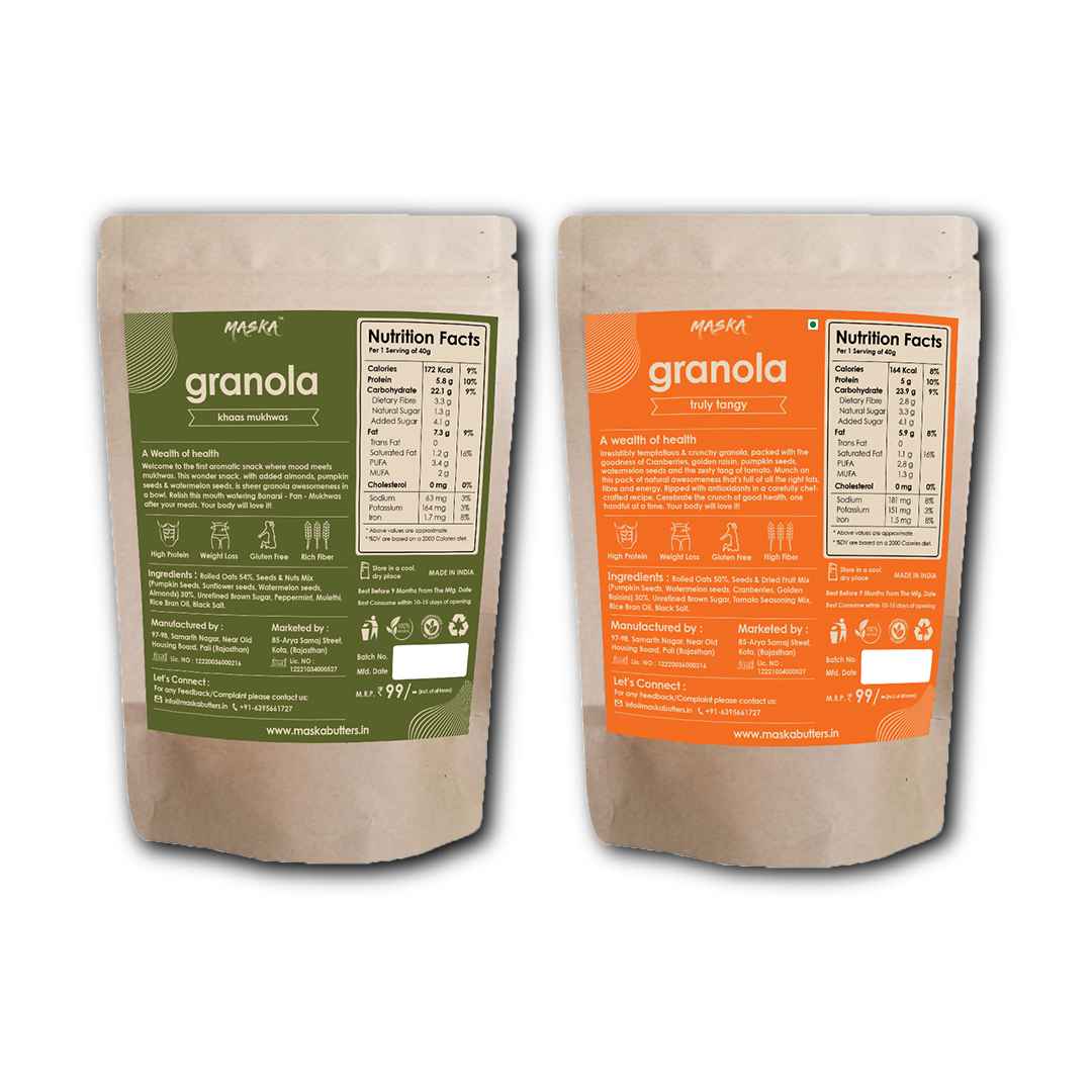 Maska Granola Tomatina & Granola Badami-nt Combo – 30% Almond, Seeds, Cranberries, Breakfast Snack, High Fibre, Antioxident Seeds, Truly Tangy, Khaas Mukhwas, 100Gms Each