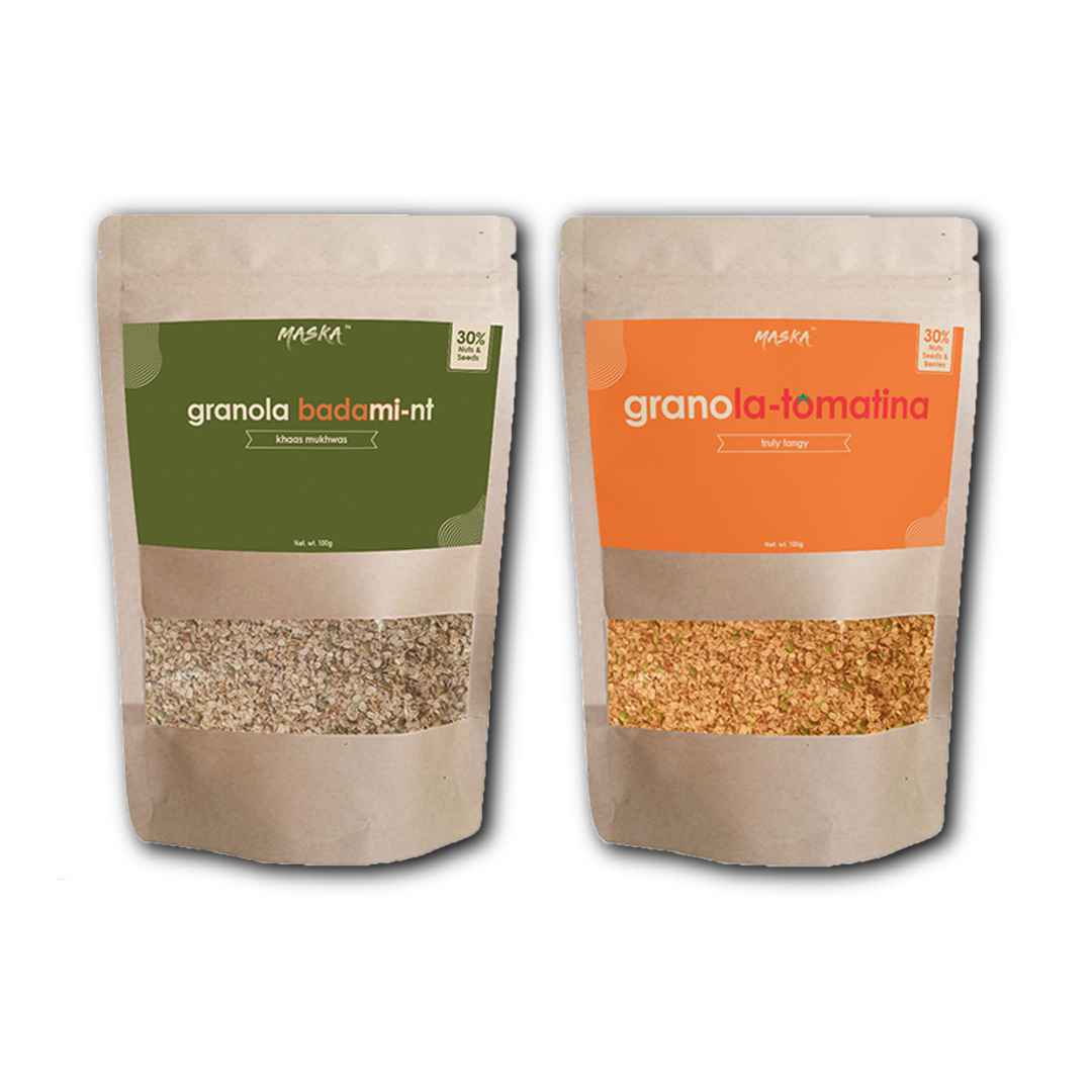 Maska Granola Tomatina & Granola Badami-nt Combo – 30% Almond, Seeds, Cranberries, Breakfast Snack, High Fibre, Antioxident Seeds, Truly Tangy, Khaas Mukhwas, 100Gms Each