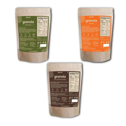 Maska Granola Exotic Combo – 3 Exiciting Granola Varients, 30% Almond, Seeds, Cranberries, Dark Chocolate, Breakfast Snack, High Fibre, Antioxident Seeds, Truly Tangy, Khaas Mukhwas, 100Gms Each