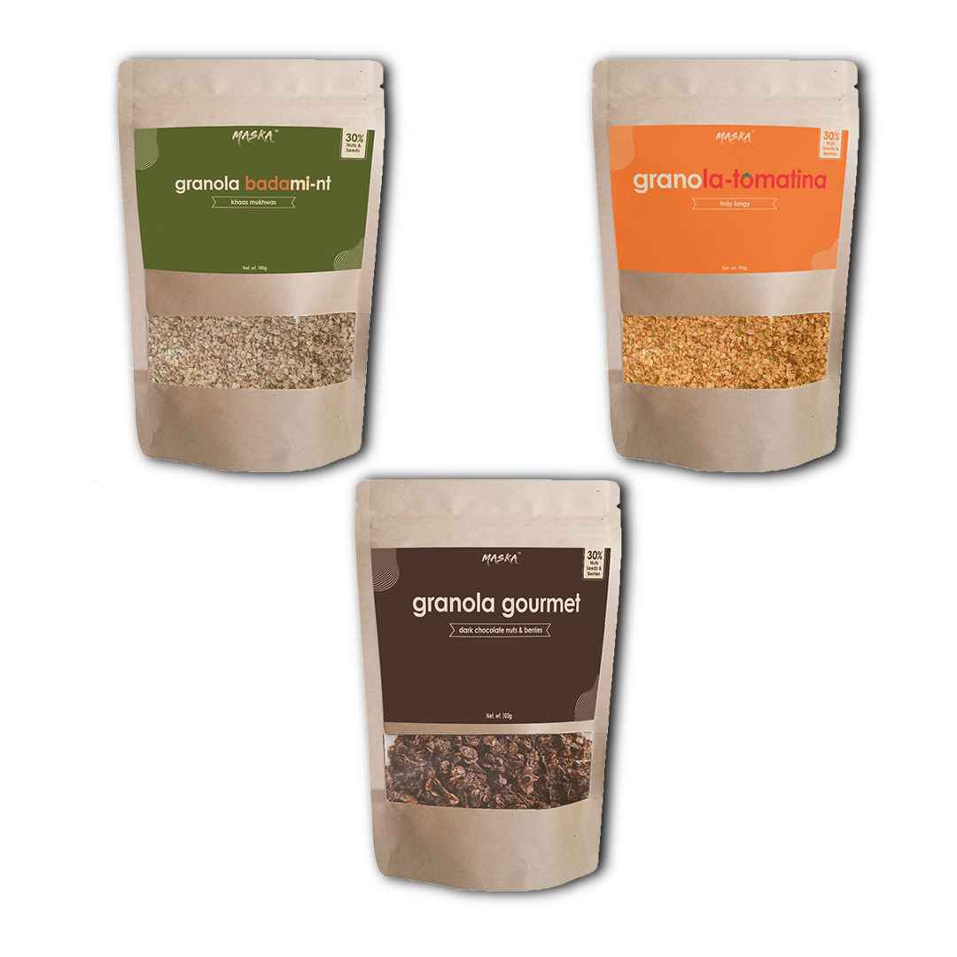 Maska Granola Exotic Combo – 3 Exiciting Granola Varients, 30% Almond, Seeds, Cranberries, Dark Chocolate, Breakfast Snack, High Fibre, Antioxident Seeds, Truly Tangy, Khaas Mukhwas, 100Gms Each